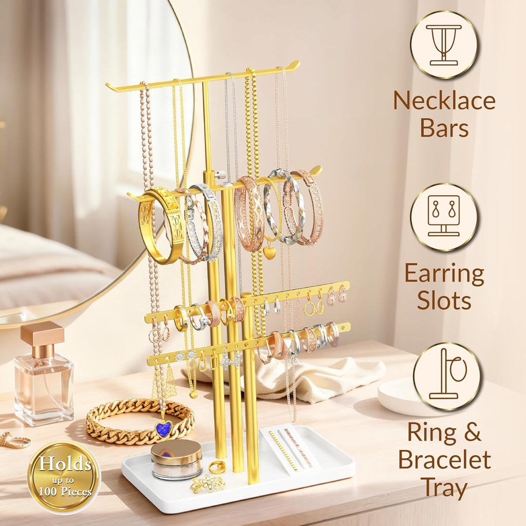 Jewelry Tower Stand Organizer for Women - Elegant Jewelry Holder Display with Necklace Holder, Earring Organizer & Bracelet Rack - Tabletop Jewelry Stand for Dresser, Vanity, Desk
