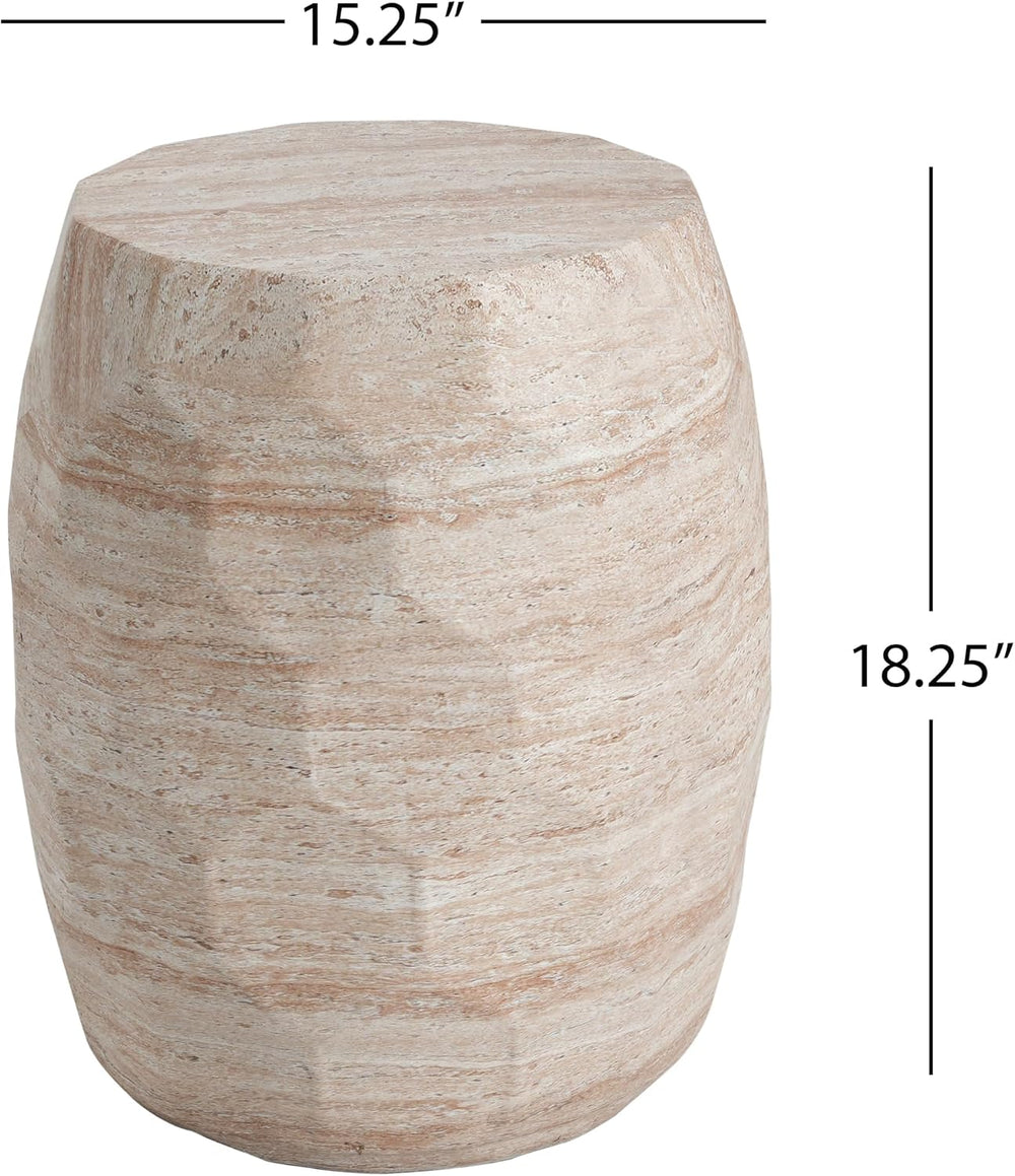 Lightweight Concrete Side Table with Travertine Finish - 15.25" Indoor O...