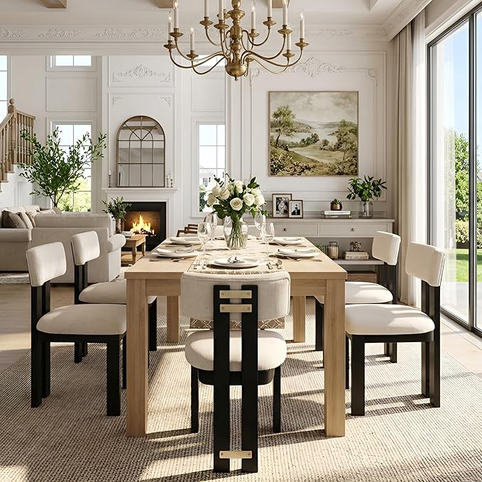 HNY Modern Farmhouse Linen Dining Chairs Set of 6, Beige Fabric Upholstered D...