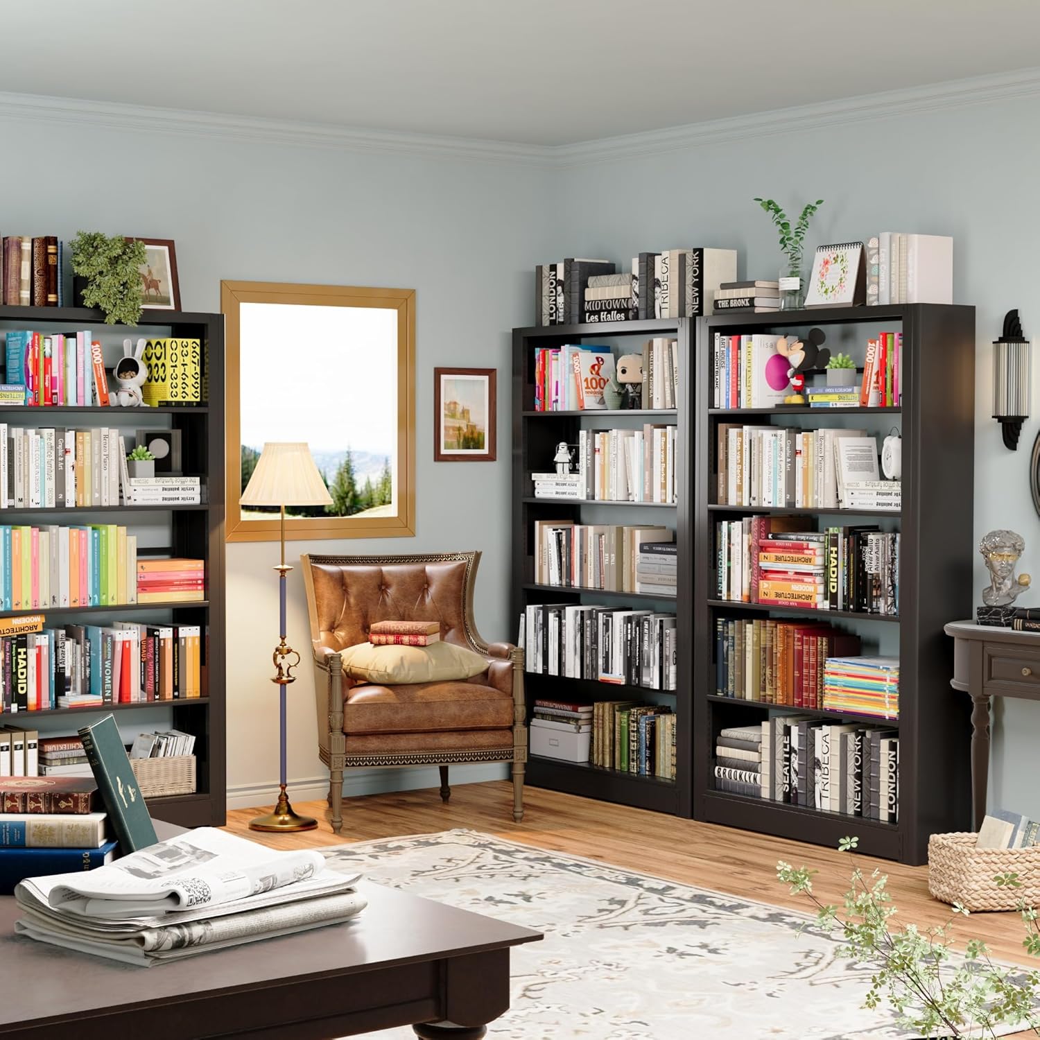 Heavy Duty Office Bookshelf, 5-Tier Adjustable Library Bookshelves, Modular Book Shelf with Expansion Capability, 69” Tall Metal Bookcase for Heavy Books, Living Room. Black Bookshelf.