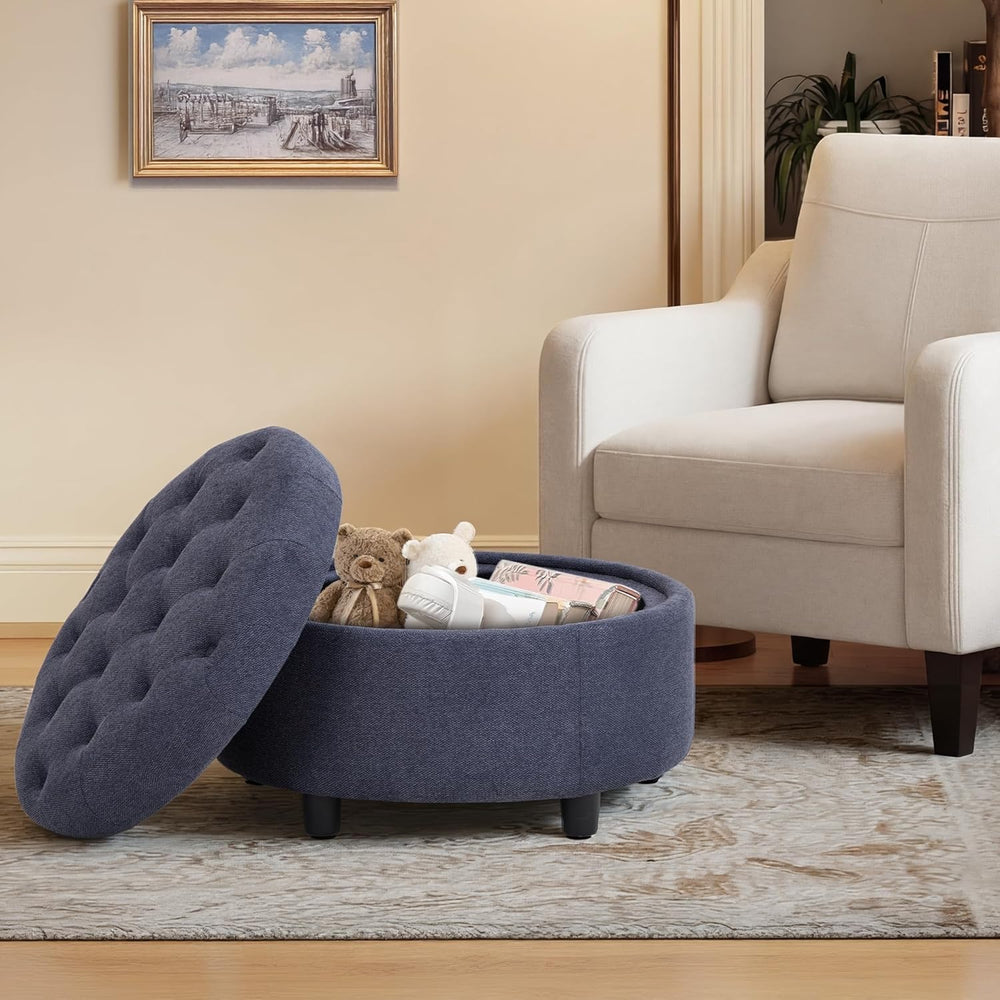 COLAMY Fabric Round Storage Ottoman with Reversible Tray Lid – Multi-Function...