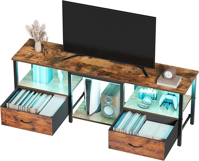 TV Stand for 65 Inch TV, LED Entertainment Center with Fabric Drawers and Power Outlets, Modern Industrial TV Media Console for Living Room, Bedroom Storage Cabinet - 59'' Rustic Brown