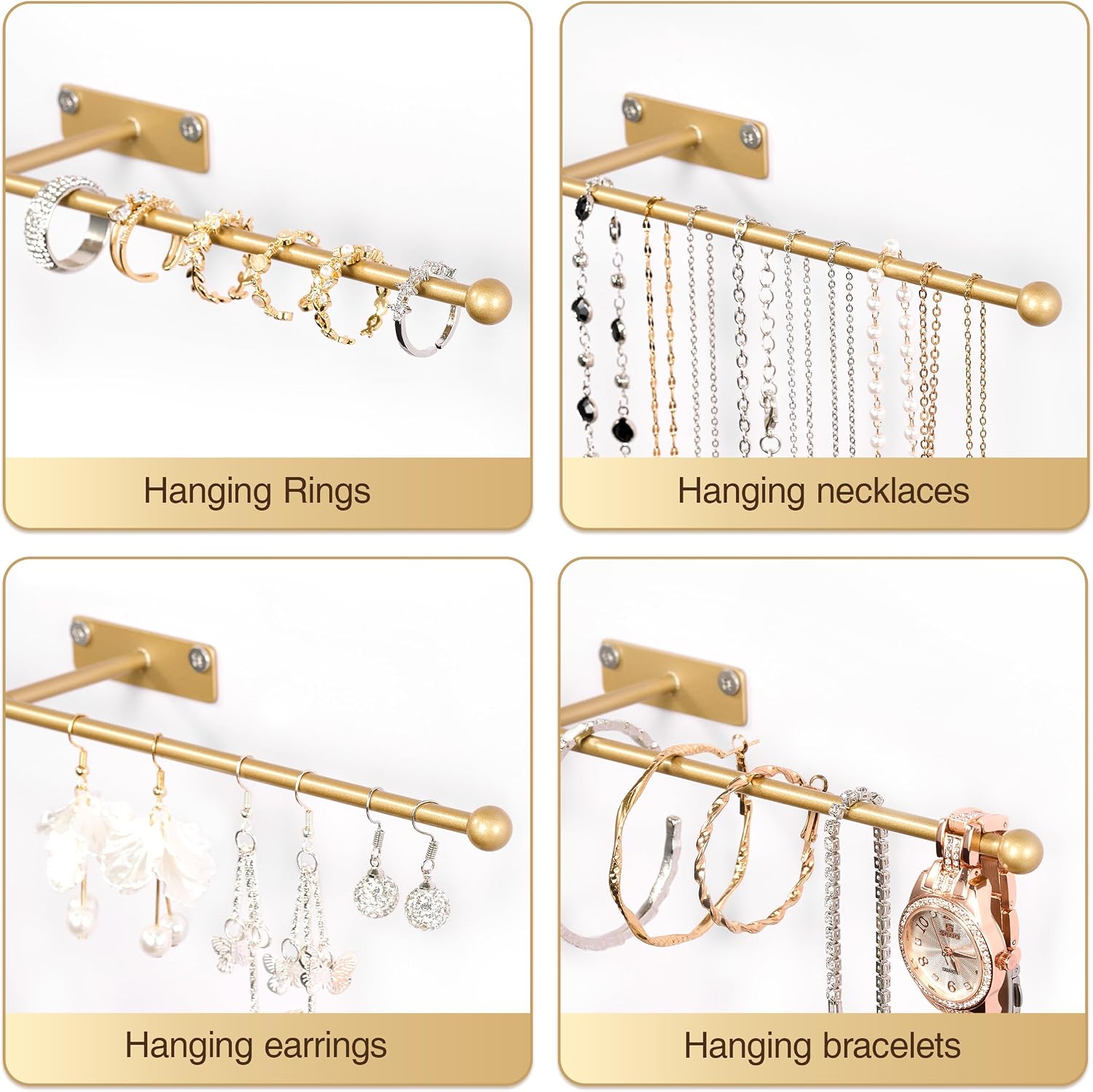 Wall Hanging Jewelry Organizer 12.6", Screws Included, Gold 4-Pack | for Earring, Bracelet, Rings, Hairband, Sunglasses