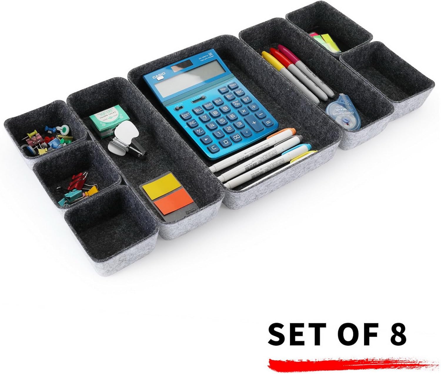 Welaxy desk drawer organizer tray shallow felt storage bin for office suppliers makeup pen keys craft brush decluttering 8-piece sleek minimalist lifestyle gift for men (Charcoal)