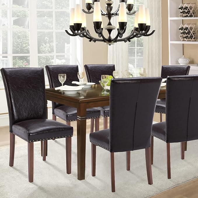 Parsons Dining Chairs Set of 2, Upholstered Nailhead PU Leather Dining Room Kitchen Side Chair with Thick Cushions and Wood Legs, Dark Brown