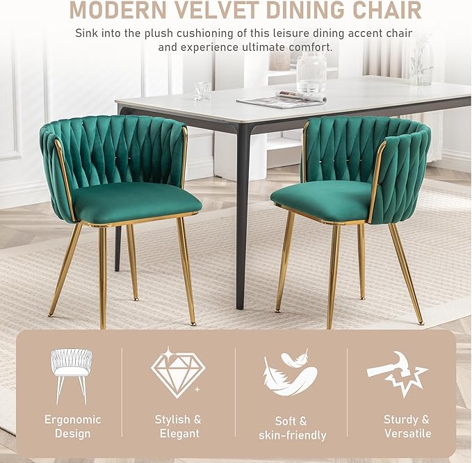 Kiztir Velvet Dining Chairs Set of 2, Upholstered Dining Room Chairs with Gold Metal Legs, Luxury Tufted Dining Chairs for Living Room, Bedroom, Kitchen (Green)