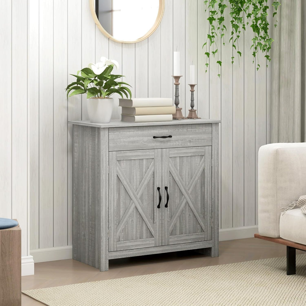 HOMCOM Farmhouse Sideboard Buffet Cabinet Barn Door Gray