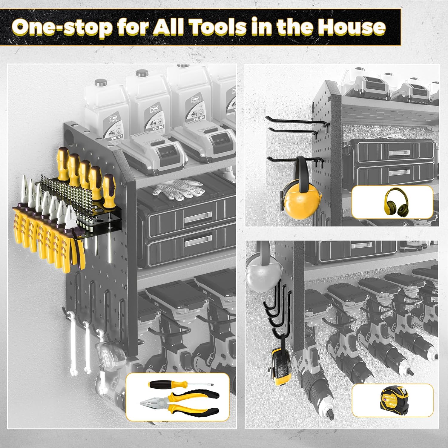 KAFAHOM Power Tool Organizer，Large 8 Drill Holder Wall Mount ，Heavy Duty Metal Tool Shelf with 12 Hooks Storage Rack for Garage Organization，Utility Cordless Drill Holder and Battery Shelves