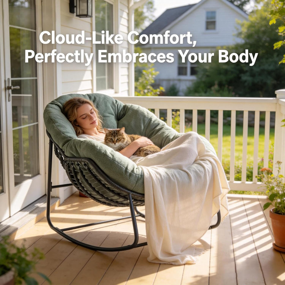 Oversized Outdoor Papasan Rocking Chair with Soft Cushion, Comfy Patio Egg Ch...
