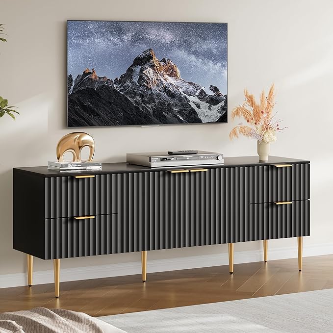 SICOTAS TV Stand for 55/60/65/70 Inch TV - 62 Inch TV Stands for Living Room Entertainment Center with 4 Drawers, Fluted Modern TV Media Console Television Cabinet for Bedroom(Black, 2 Pieces)