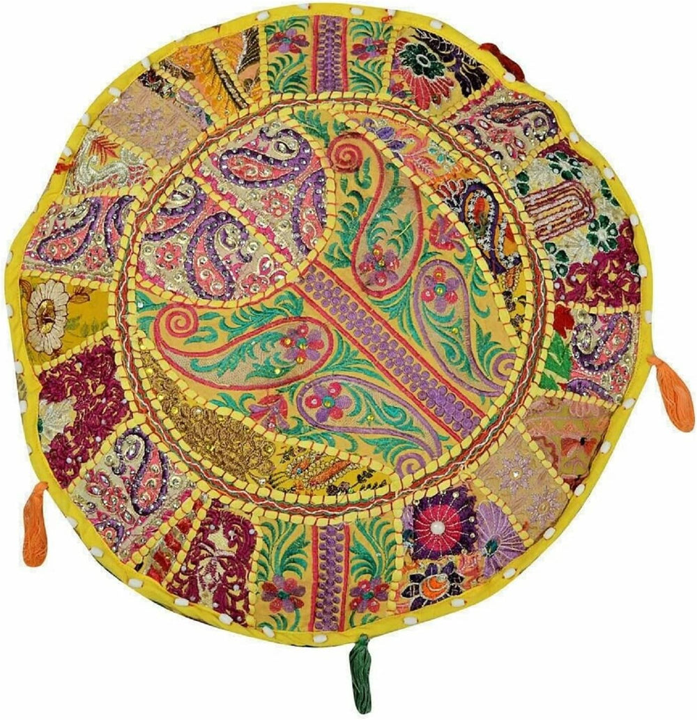 Indian Patchwork Round Ottoman Pouf Cover Vintage Moroccan Footstool Pouffe C...