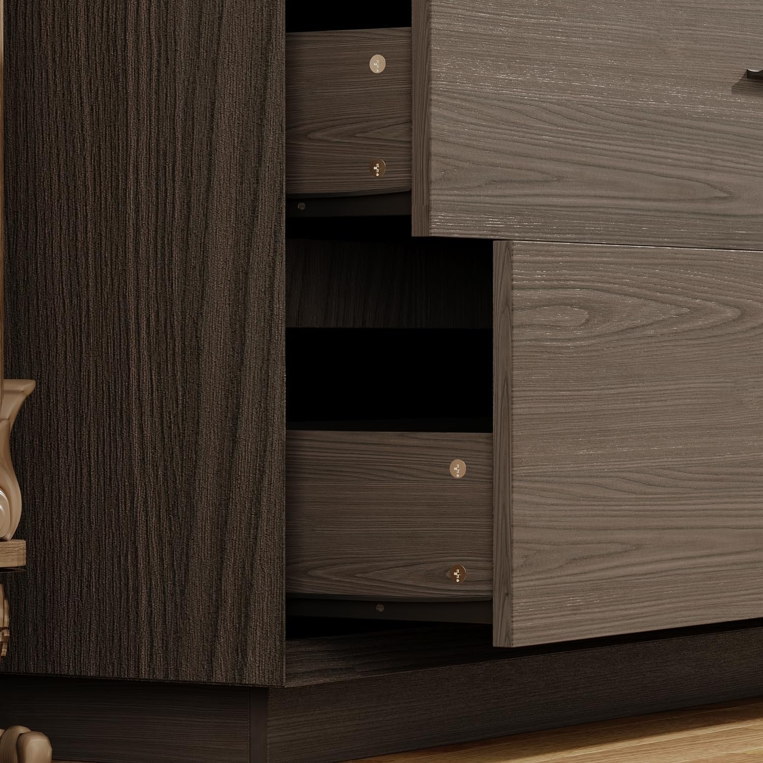Bedside Table with 6 Drawers, Modern Side Table, Wide Nightstand, Wooden Bed Side Tables, Wood Grain Floor Storage Organizer with Metal Handles for Sofa Couch Bedroom, Dark Brown