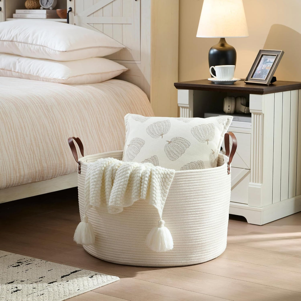 Luxury Little Extra Large Nursery Storage Basket, 22 x 22 x 14 inches - 100% Cotton Rope Baskets with Handles, Laundry Basket for Toys, Blankets & Pillows - Off White with Leather Handles