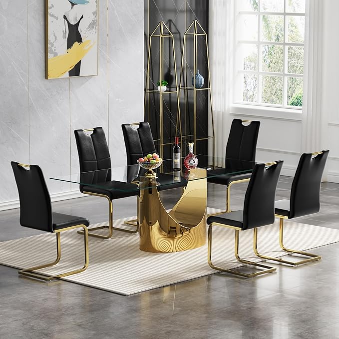 Goujxcy Dining Chairs Set of 6, Modern High Back Kitchen Chairs with Metal Legs and Faux Leather Padded Seat Upholstered Dining Chairs for Dining & Kitchen,Living Room (Black&Gold, Set of 6)