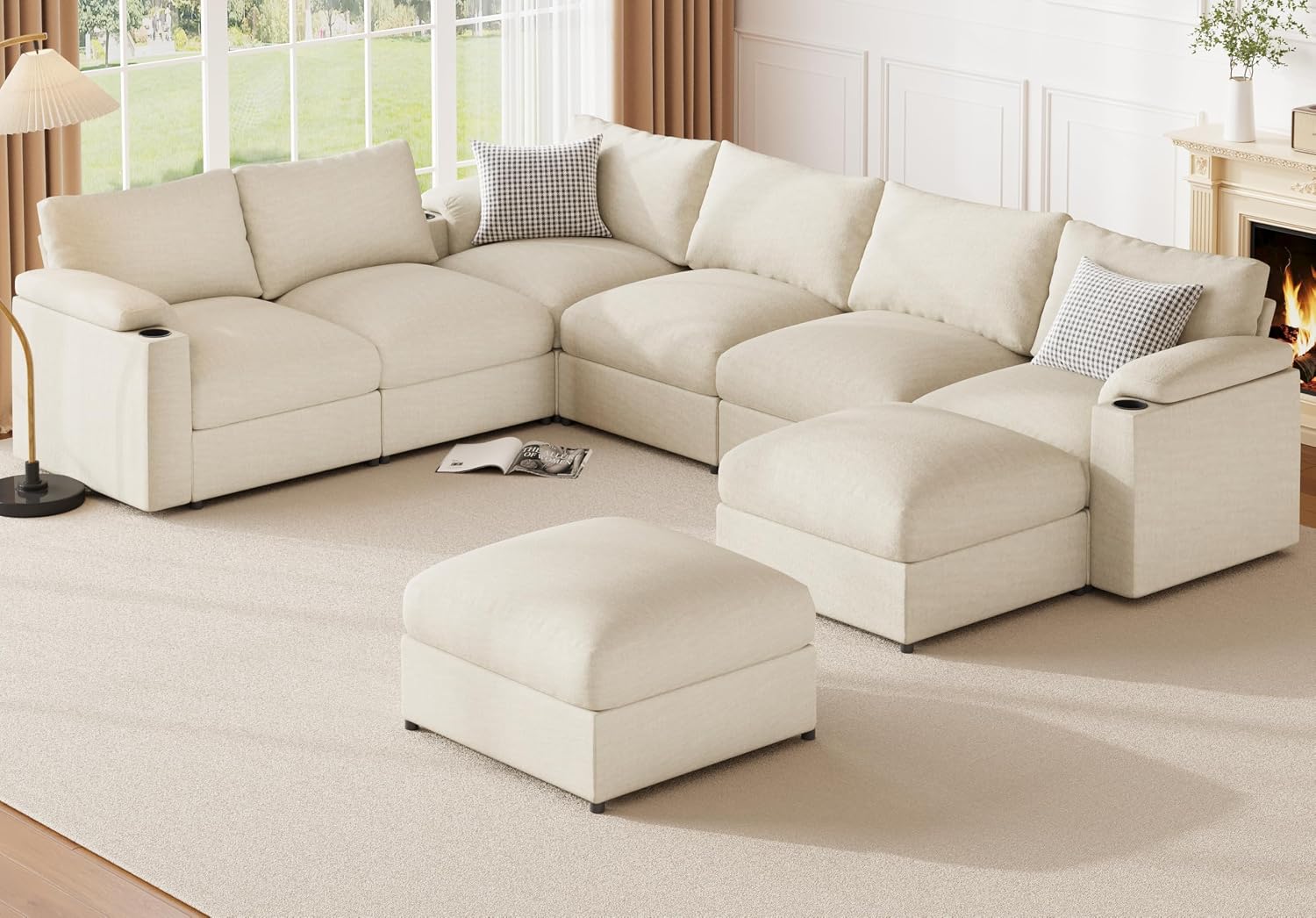 Couches Oversized Chenille Cloud Sofa (Chenille Beige, U Shaped 8 Seat) | Sectional Couch Chaise Detachable Armrest Cushion FSC Certified U Shaped Convertible Modular Sleeper Sofa for Living Room