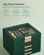 SONGMICS Jewelry Box Organizer with Glass Lid, 4-Layer Jewelry Storage, with 3 Drawers, Modern Style, Christmas Gift, 8 x 9.1 x 6.5 Inches, Forest Green and Gold Color UJBC173C01