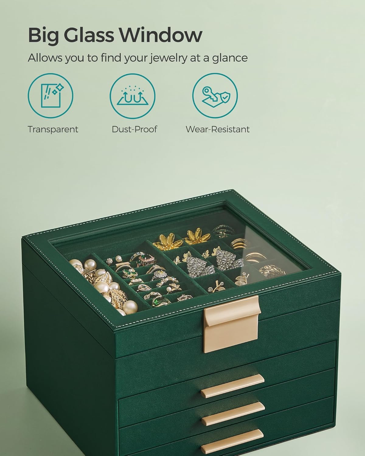 SONGMICS Jewelry Box Organizer with Glass Lid, 4-Layer Jewelry Storage, with 3 Drawers, Modern Style, Christmas Gift, 8 x 9.1 x 6.5 Inches, Forest Green and Gold Color UJBC173C01