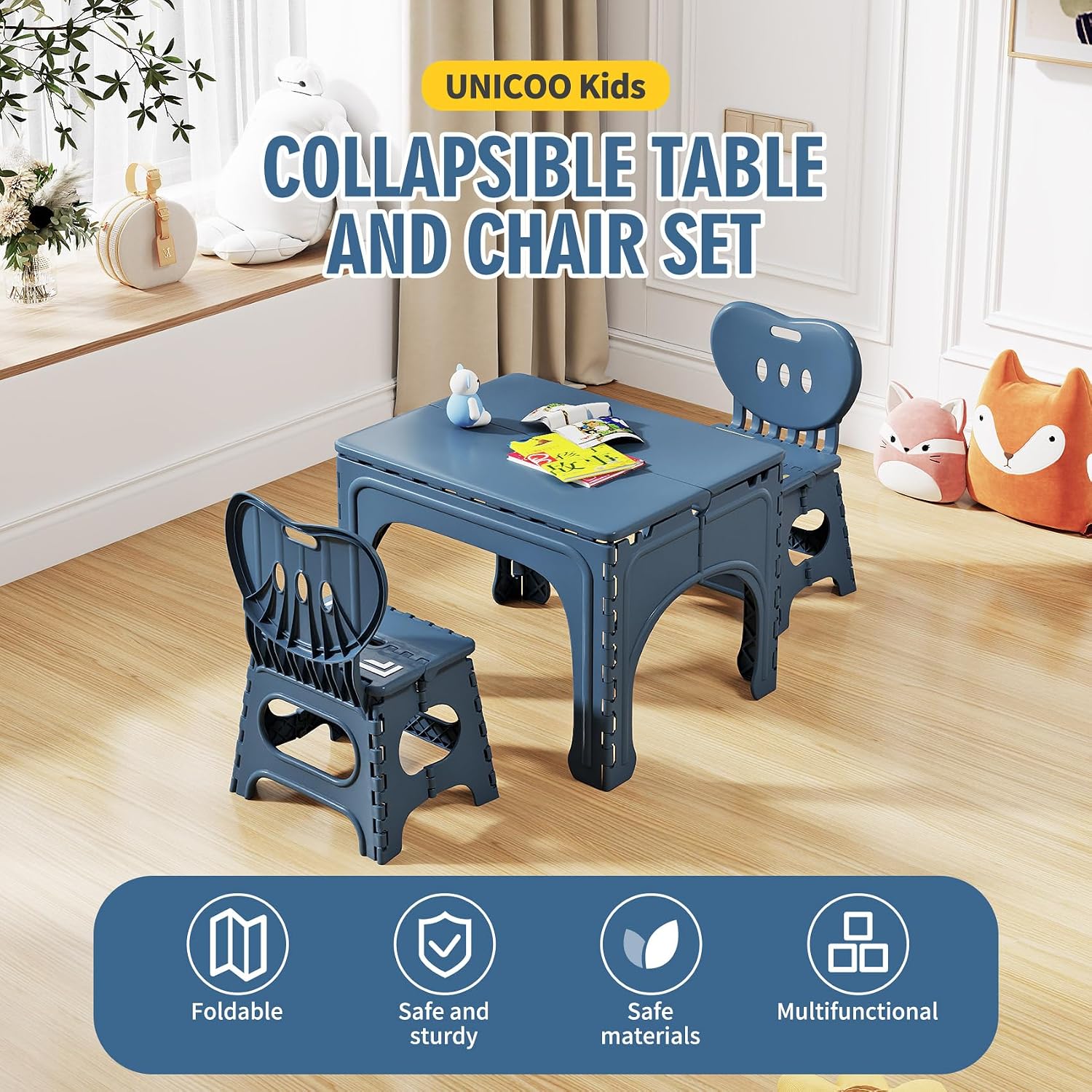 UNICOO® Kids Folding Table and Chairs Set, Kids Table and Chairs Foldable, Foldable Activity Table, Portable Picnic Table, Ideal for Indoor and Outdoor Use, Durable and Easy to Store (599)(Teal)