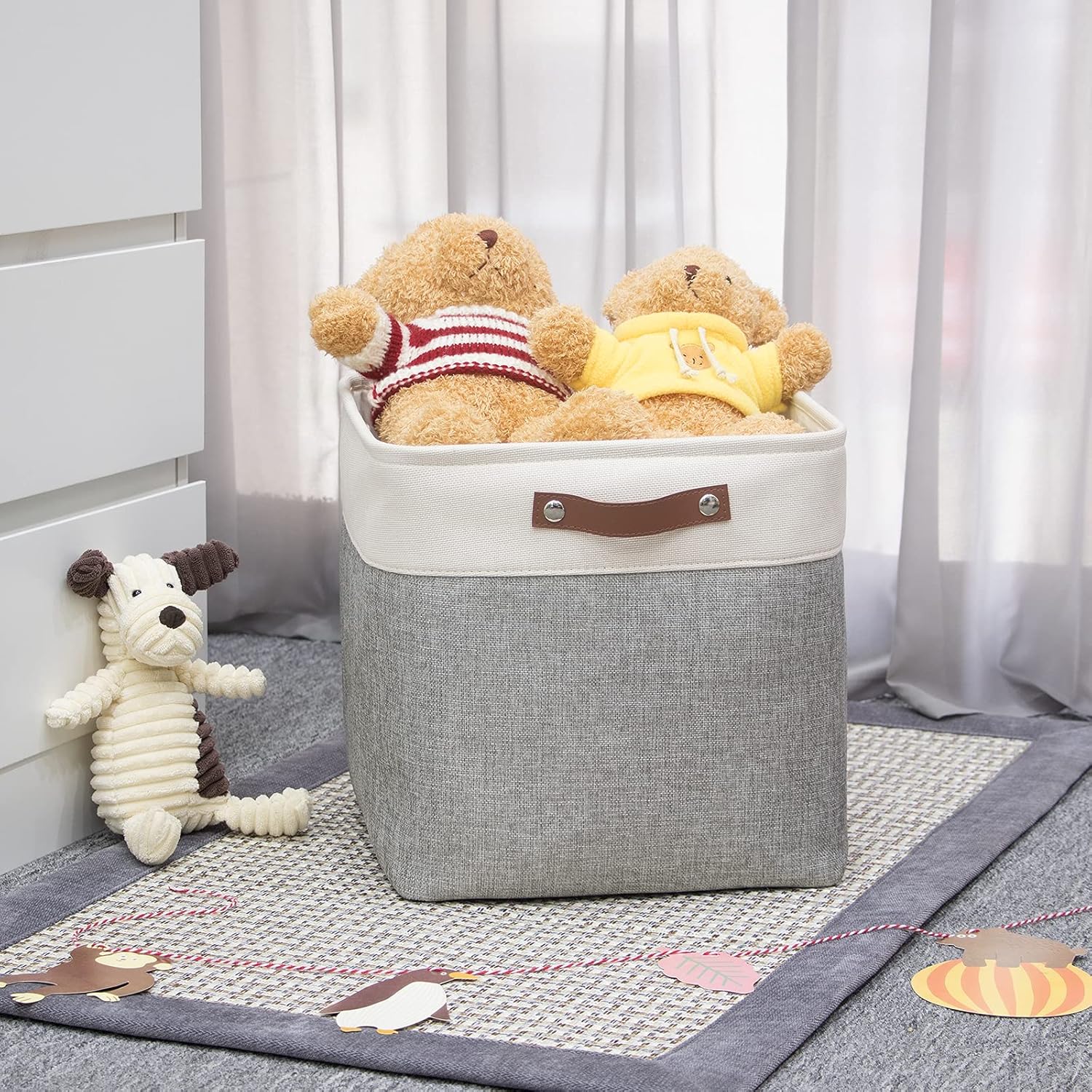 HNZIGE Storage Foldable Storage Baskets Cubes Set(3 Pack) Fabric Bins for Shelves,13 Inch Storage Basket for Organizing with Leather Handles for Home, Toys, Clothes,Closet Storage(White&Gray)