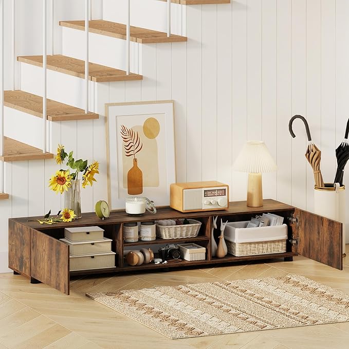 Tangkula Modern TV Stand for up to 70” TVs, 63”L Minimalist Entertainment Center w/ 2 Doors & Open Shelves, Media Console Table Storage Cabinet with 6 Support Feet for Living Room (Rustic Brown, 63”L)