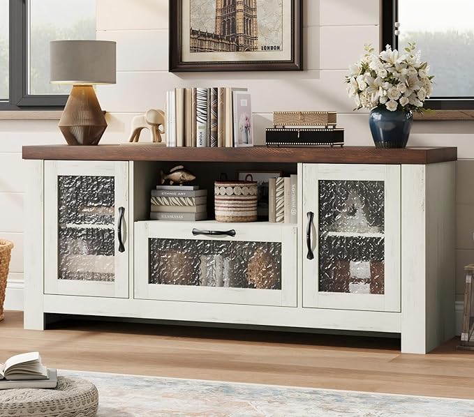 Garvee Farmhouse TV Stand for 55 Inch TV, Entertainment Center with Acrylic Door & Adjustable Shelves, Sideboard Buffet Storage Cabinet for Living Room Bedroom, White & Brown