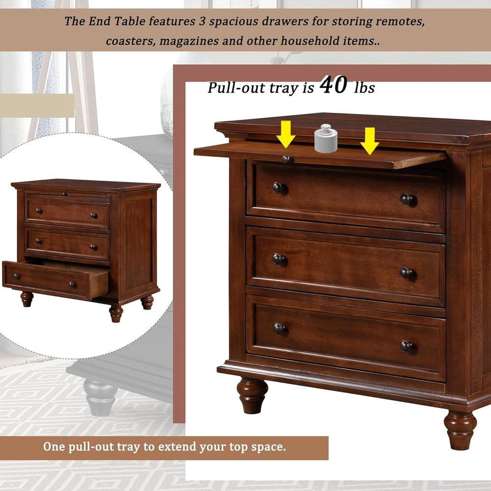 3-Drawer Storage Wood Cabinet, End Table Set of Two with Pull Out Tray,Nights...