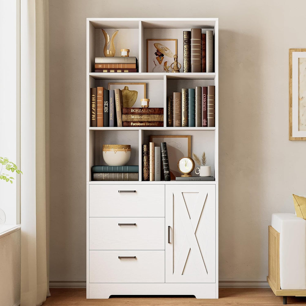 IRONCK 70.9-Inch Bookcase with Doors and 3 Drawers, White