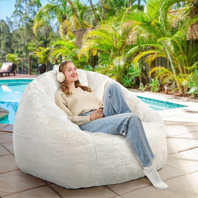 Giant Bean Bag Chair, BeanBag Couch Filler with Memory Foam, Ergonomic Faux Fur Shell-Shaped Accent Chair Gaming and Reading Living Room, Bedroom, Beige