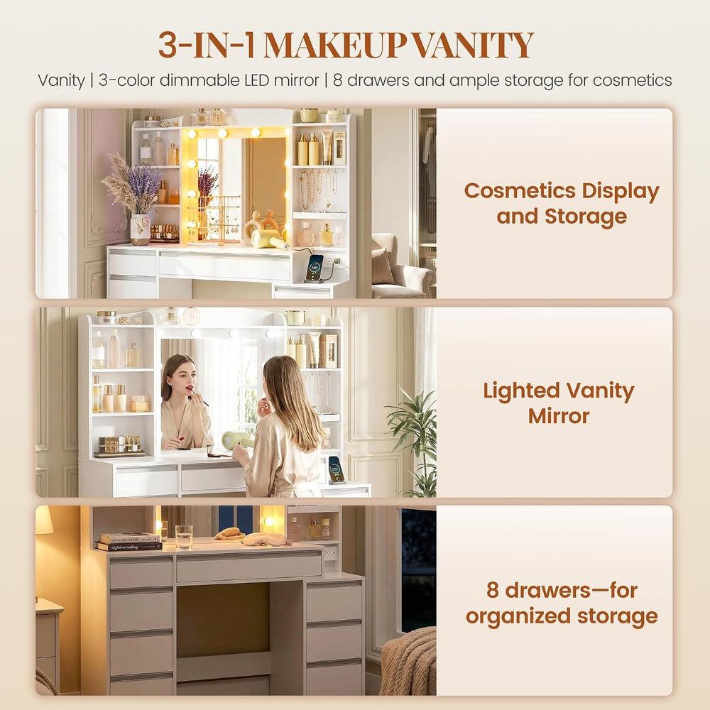 HEXCELEN 47" Vanity Desk with LED Lights, 8 Drawers, 20" Mirror, 2A...