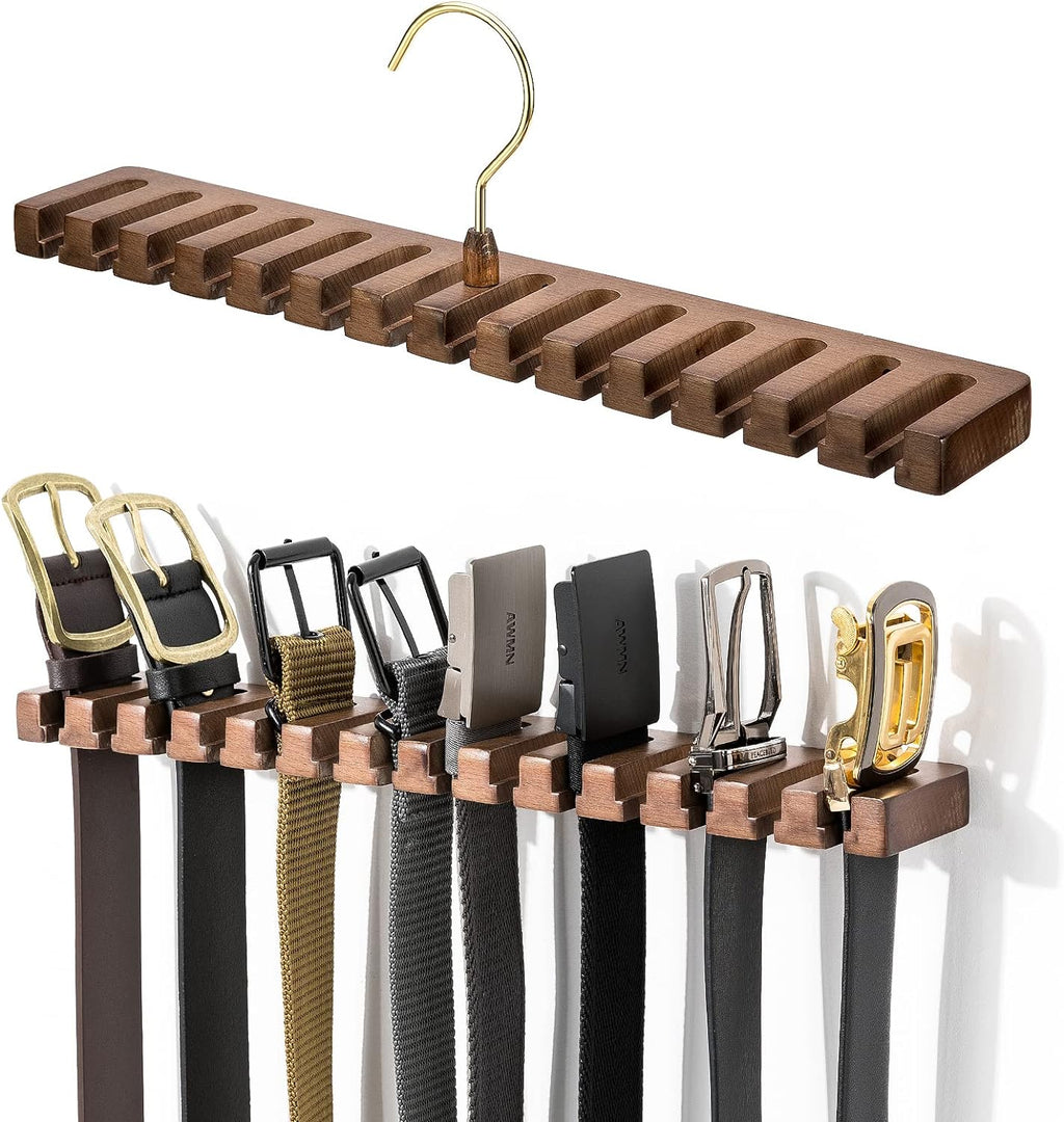 Wooden Belt Rack for Closet Wall Mount, Sturdy Belt Hanger Organizer Holds 14 Belts, Space Saving Belt Holder for Closet Door Wall, Walnut