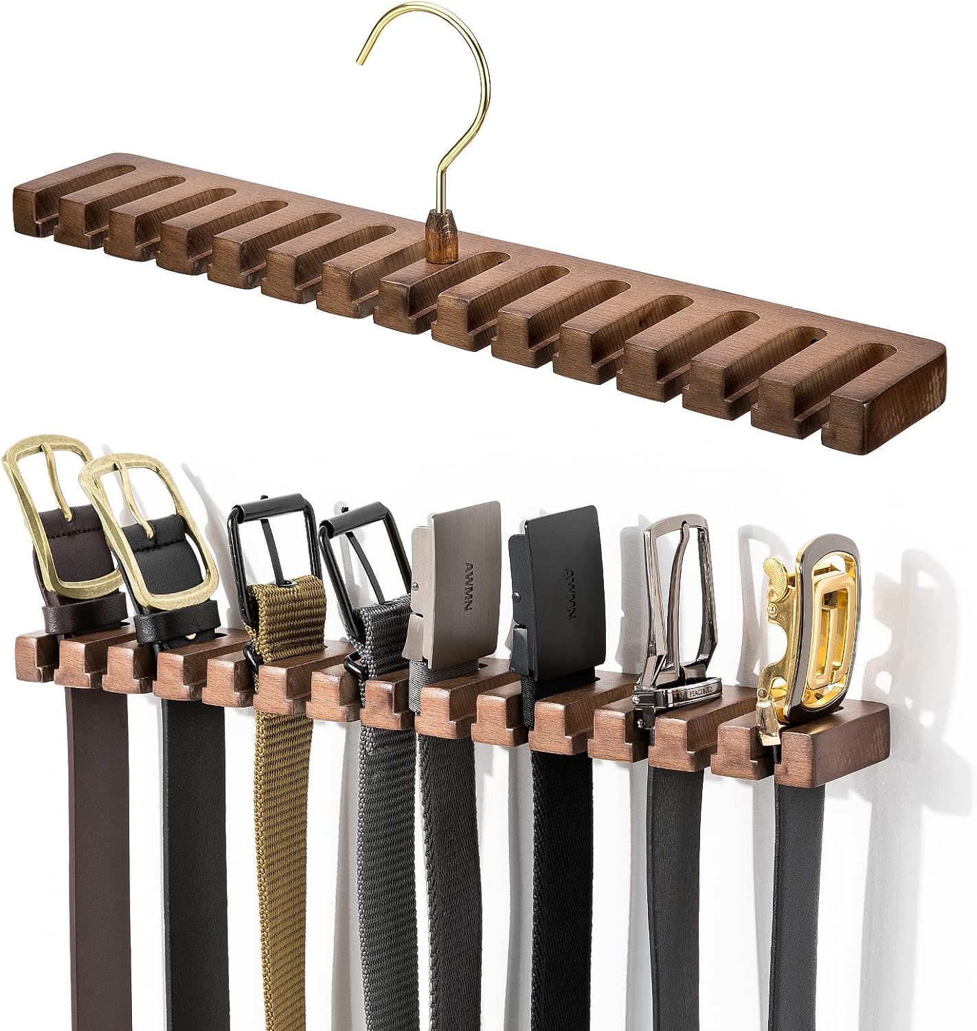 Wooden Belt Rack for Closet Wall Mount, Sturdy Belt Hanger Organizer Holds 14 Belts, Space Saving Belt Holder for Closet Door Wall, Walnut