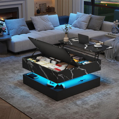 35.4" Large Square Coffee Table with Lifting top,Charging Station,Modern 2-Tier Square Center Table w/Hidden Compartment Storage,Tea Table with Wood Grain for Living Room, Office,Black Marble