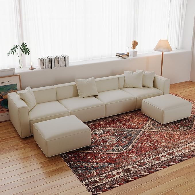 Acanva Luxury Modular Sectional Couch with Moveable Ottoman and Chaise, Modern Minimalist Style Sofa for Living Room, Apartments, U-Shape, Vegan Leather Cream