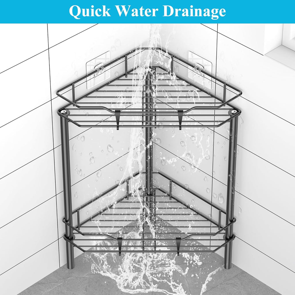 2 Tier Floor Standing Corner Shower Caddy Organizer Shelf with Hooks, Bathroom Shelves Stand Rack, Matt Black