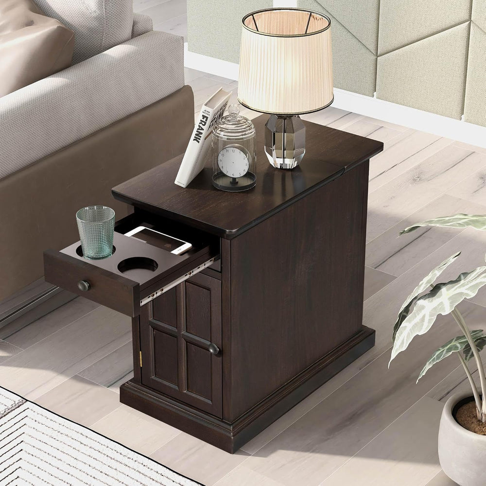 Traditional Wood End Table with Charging Station, Modern Vintage Sofa Chair S...