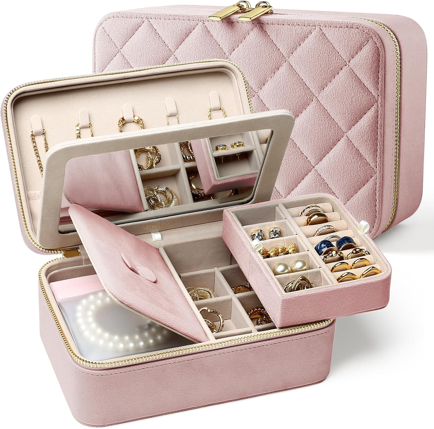 Velvet Travel Jewelry Box with Large Mirror, Double-Layer Jewelry Organizer Case for Women and Girls, Portable Storage Case with 6 Anti-Tarnish Bags Gift Ready for Her (Blush Pink)