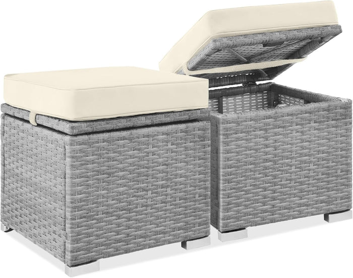 Best Choice Products Set of 2 Wicker Ottomans, Multipurpose Outdoor Furniture for Patio, Backyard, Additional Seating, Footrest, Side Table w/Storage, Removable Cushions - Cream/Gray