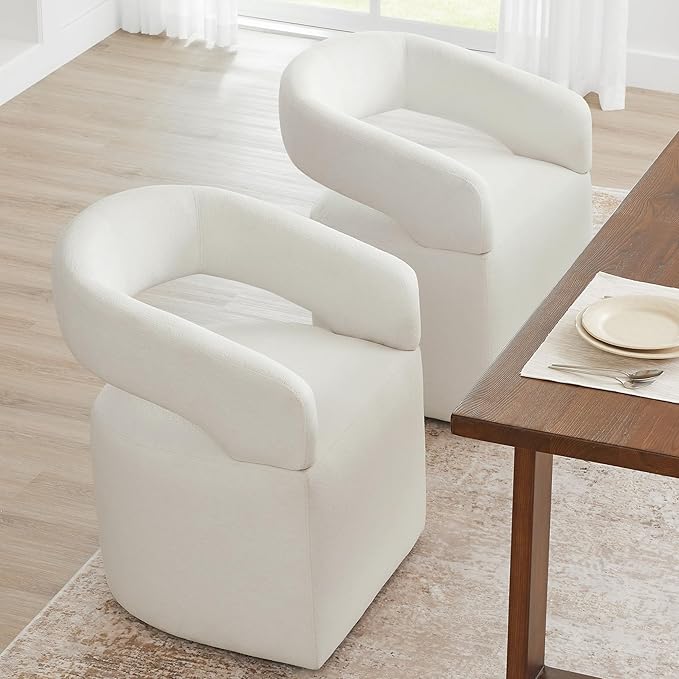 Upholstered Dining Chairs with Removable Casters Barrel Side Armchair with Rollers for Diningroom Bedroom Livingroom Reading Room, Ivory, Set of 1