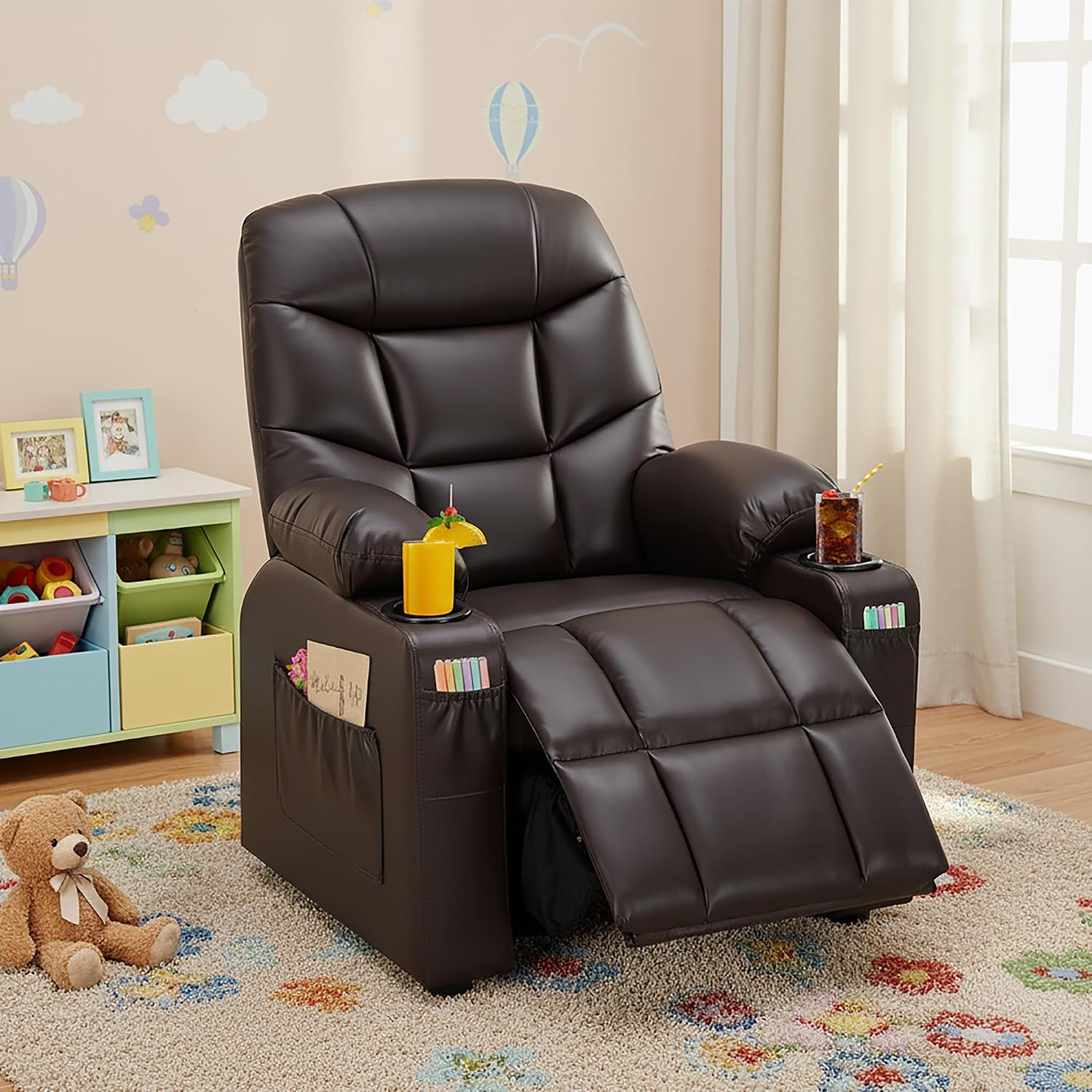 Donut Larger Kids Reclining Chair PU Leather Recliner Sofa Push Back Lounge Children Toddler Boys Girls Ages 3-12 with Dual Cup Holders and 4 Pockets