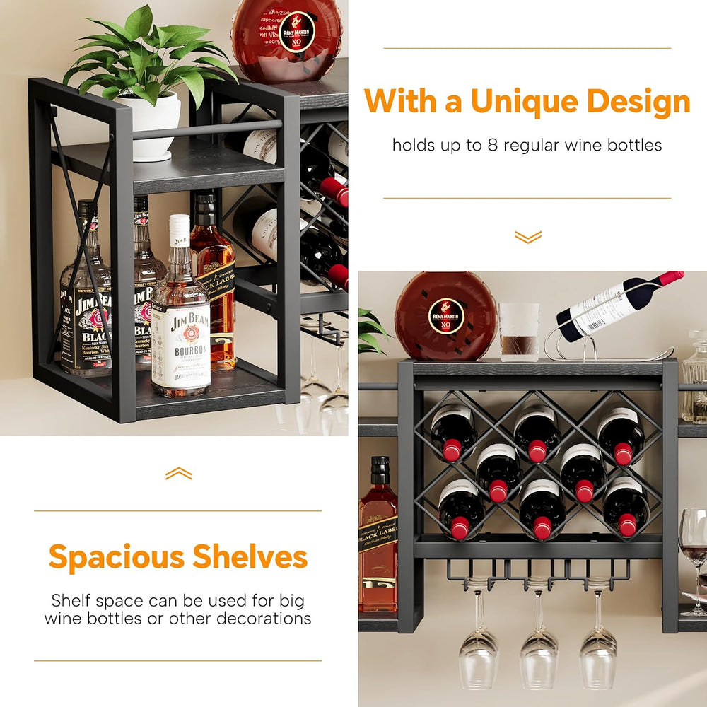 Wall Mounted Wine Rack with Glass Holder, Wood-Metal Retro Bar Shelf, Wine Bo...