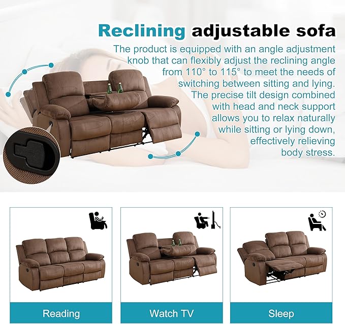 Recliner Sofa Set Couches for Living Room Chair Pineapple Velvet Fabric Living Room Furniture Sets, Adjusted Loveseat Reclining Couch Furniture Sofa Set for Theater Seating, 3-Seater, Brown