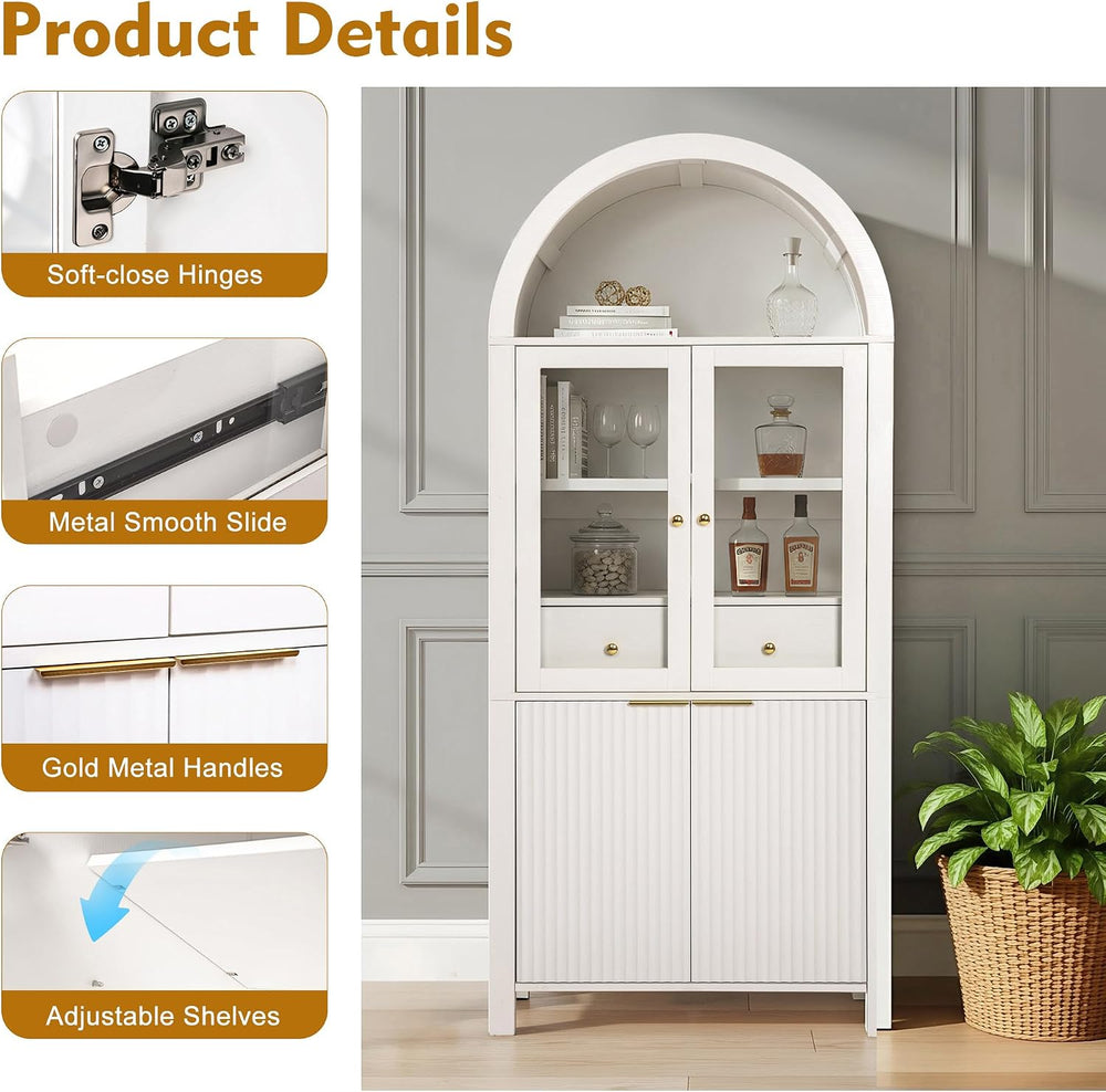 roomfitters 71" Tall Arched Pantry Cabinet with Fluted Glass Doors &...