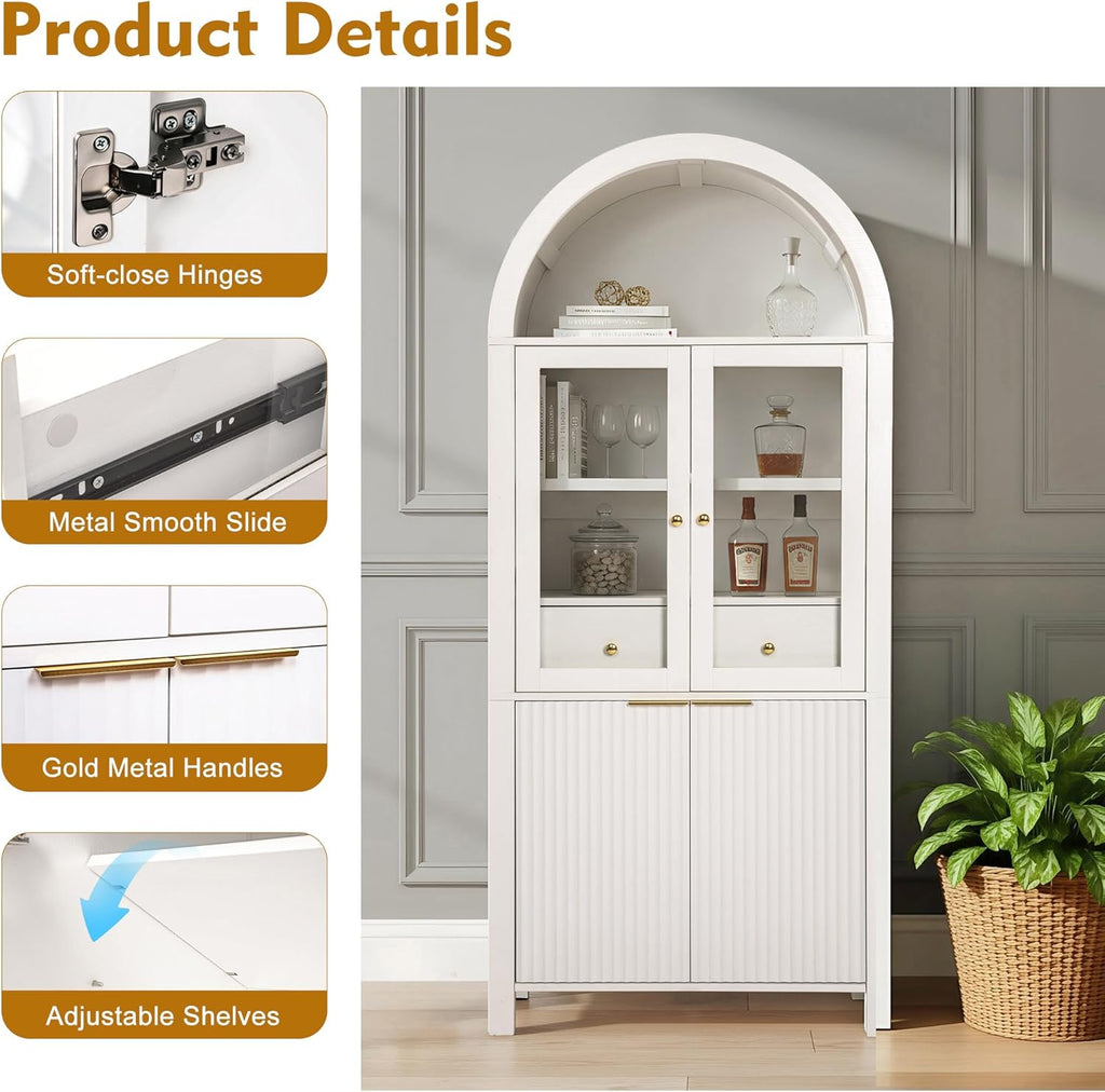 Fluted Tall Pantry Cabinet with Glass Door & Adjustable Shelves for Kitchen Storage and Living Room, Modern Farmhouse Arched Display Cabinet (White)