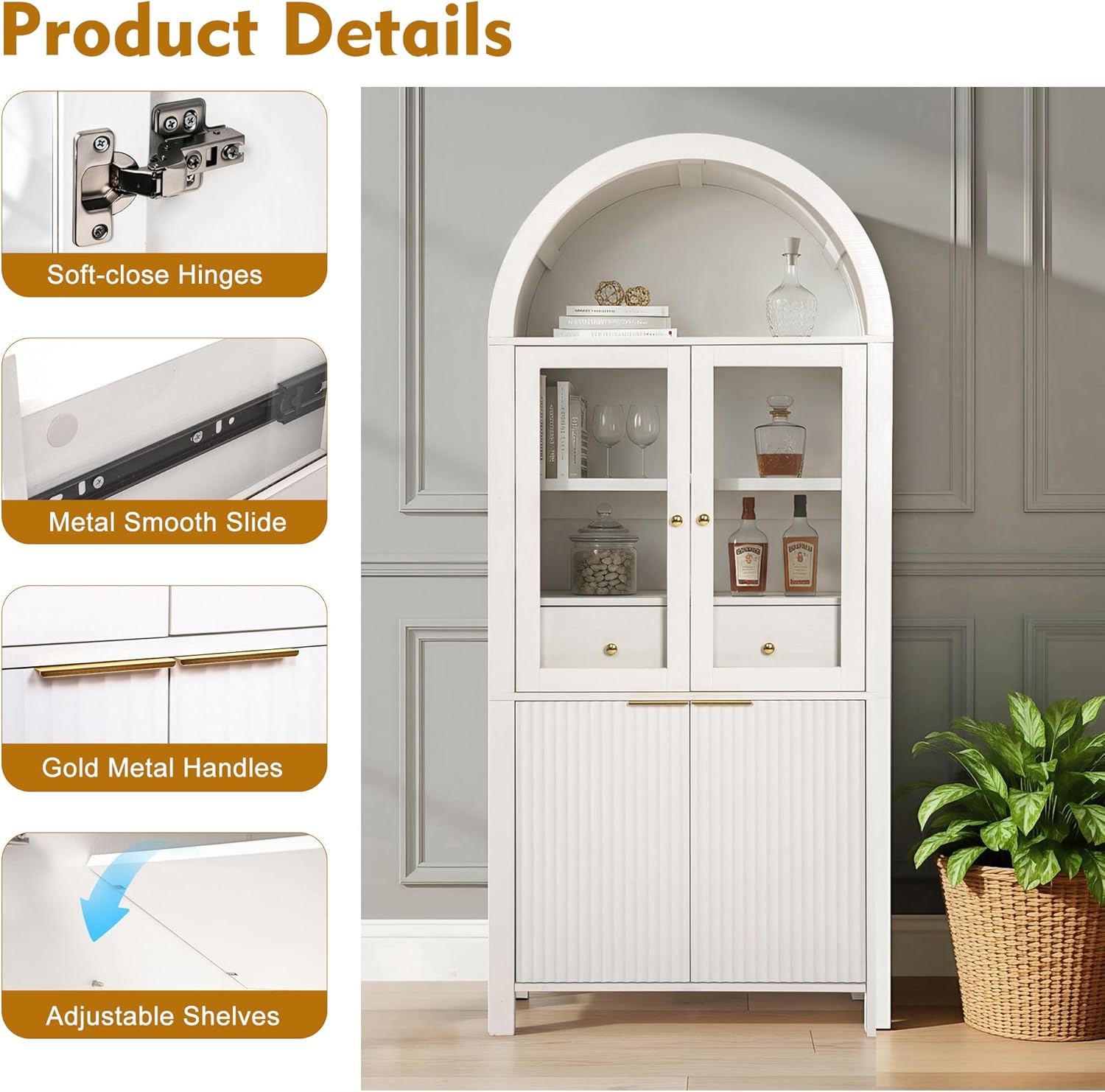 Fluted Tall Pantry Cabinet with Glass Door & Adjustable Shelves for Kitchen Storage and Living Room, Modern Farmhouse Arched Display Cabinet (White)