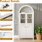 Fluted Tall Pantry Cabinet with Glass Door & Adjustable Shelves for Kitchen Storage and Living Room, Modern Farmhouse Arched Display Cabinet (White)