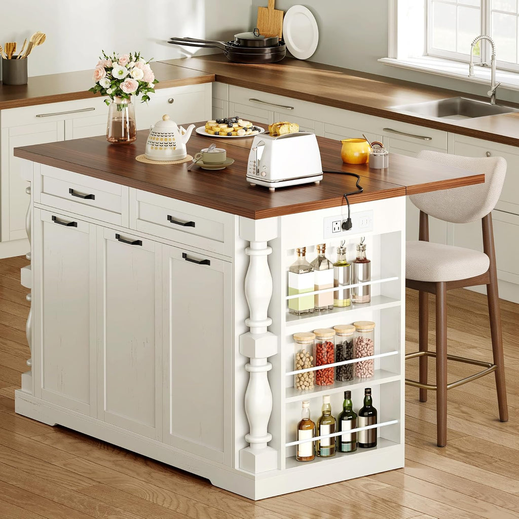 Kitchen Island with Drop Leaf, 47.6" Kitchen Island with Storage | with Power Outlet & Trash Bin Rolling Kitchen Cart with Spice Rack Island Table for Kitchen Breakfast Home Bar, Antique White