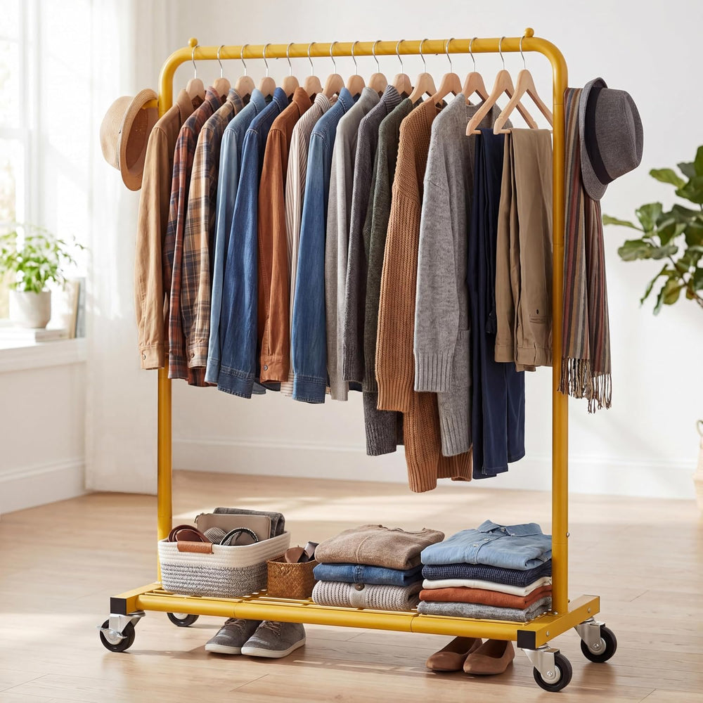 Sywhitta Metal Garment Clothing Rack on Wheels with Mesh Shelf,Gold Yellow
