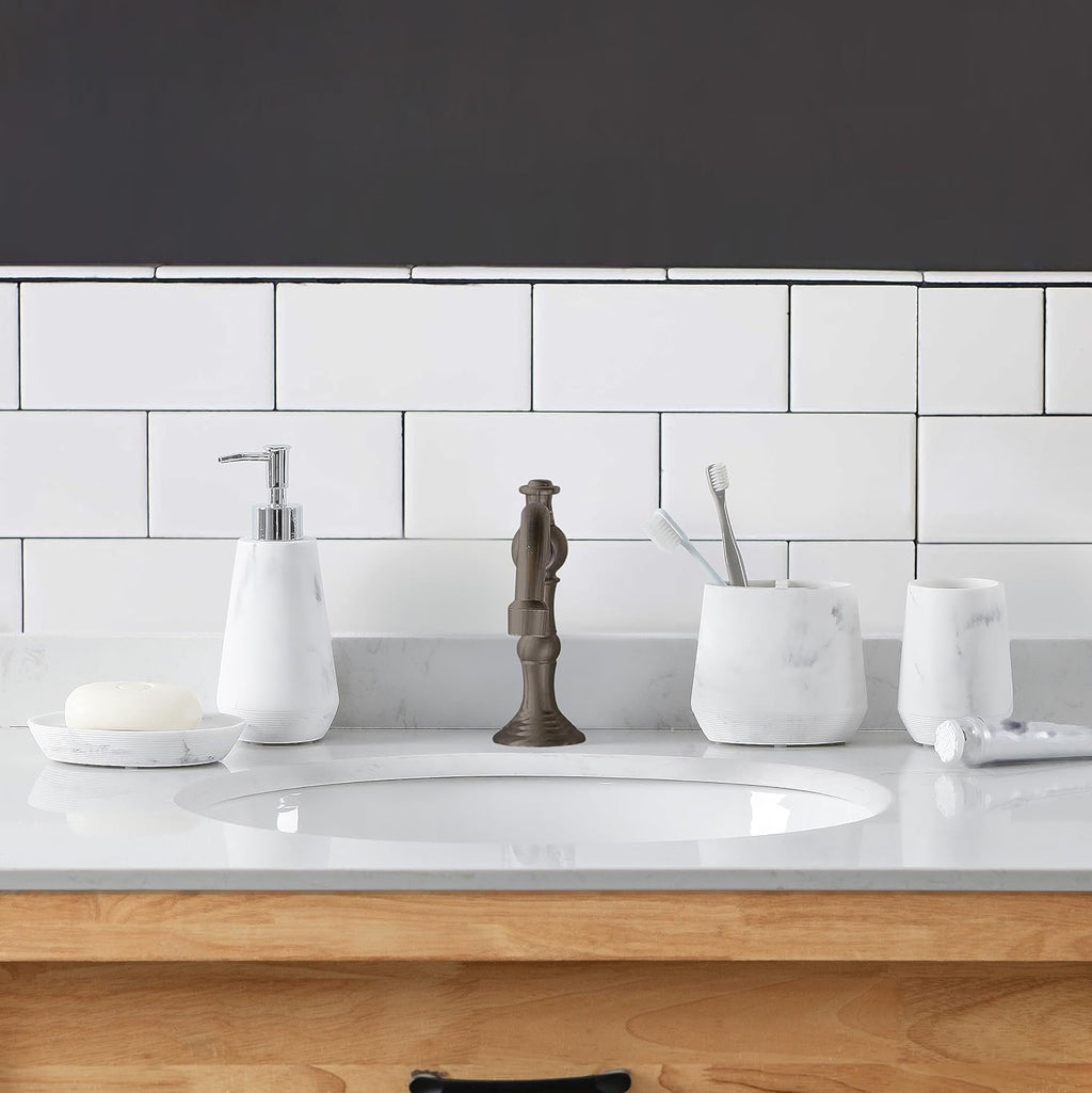 4 Piece Modern Bathroom Accessory Set with Marbled Style and Geometric Design Includes Lotion Dispenser, Toothbrush Holder, Tumbler, Soap Dish (Mordern Style Marble)