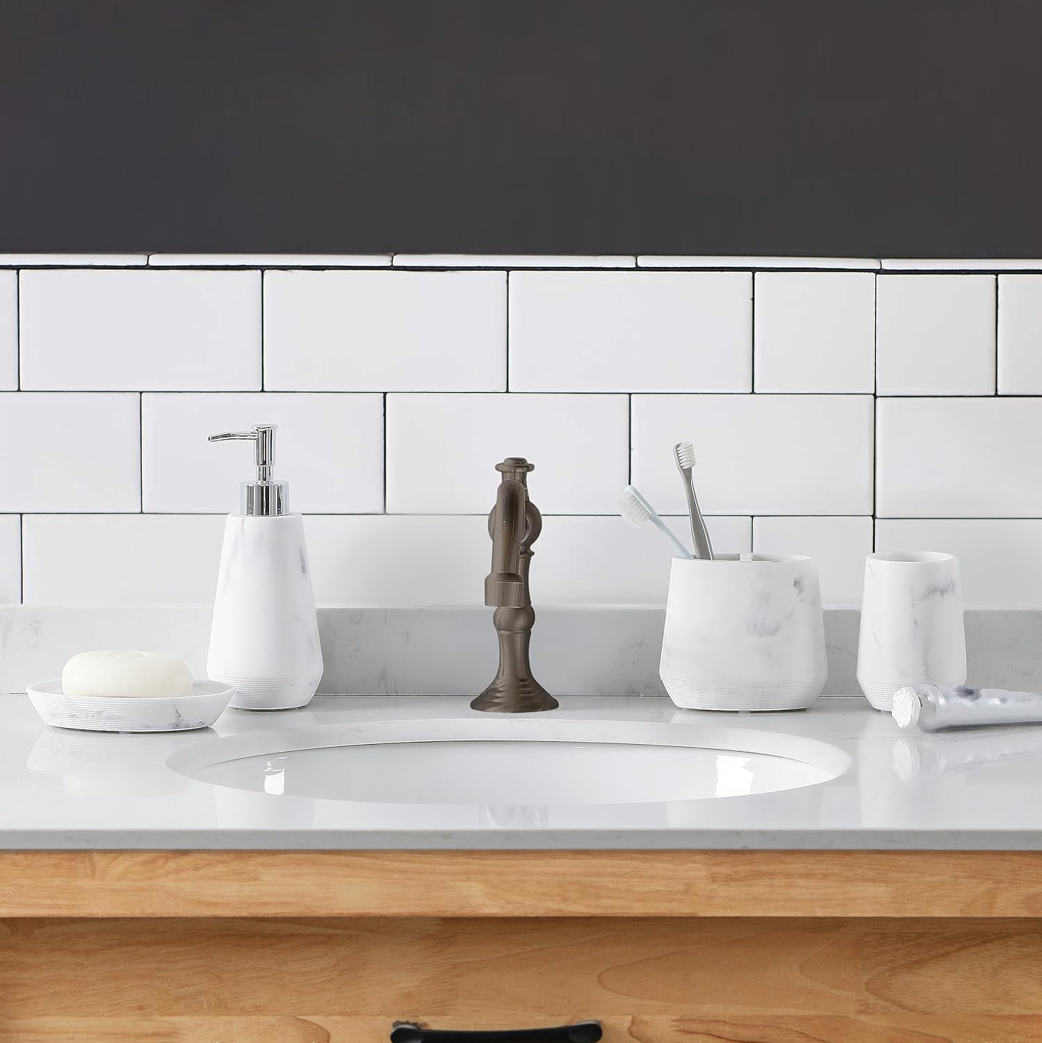 4 Piece Modern Bathroom Accessory Set with Marbled Style and Geometric Design Includes Lotion Dispenser, Toothbrush Holder, Tumbler, Soap Dish (Mordern Style Marble)