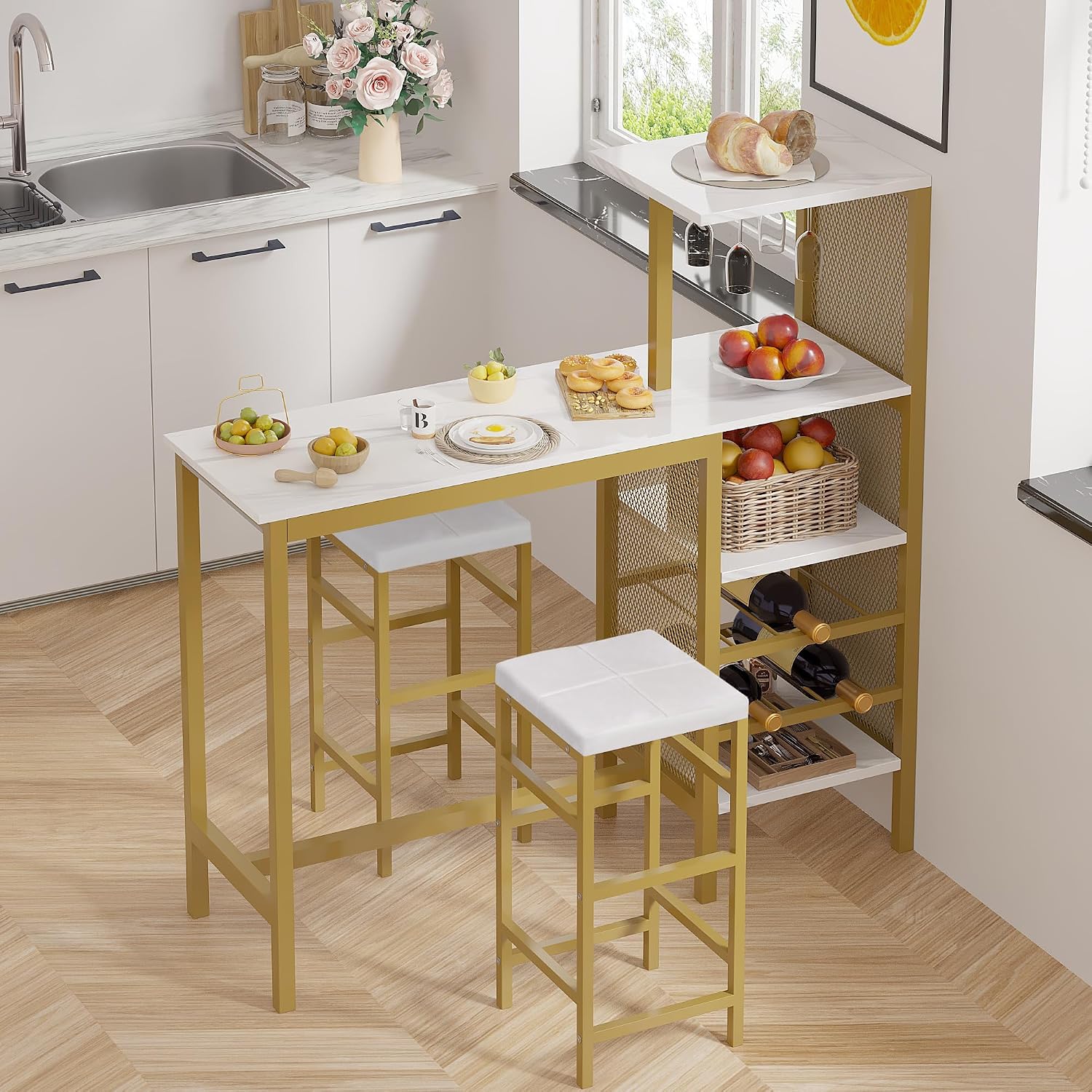 VECELO Bar Table and Chairs Set for 2, 3-Piece Dining Set with Storage Shelves, Cup Holder & Wine Rack, PU Leather Cushion Stools, for Kitchen Small Space